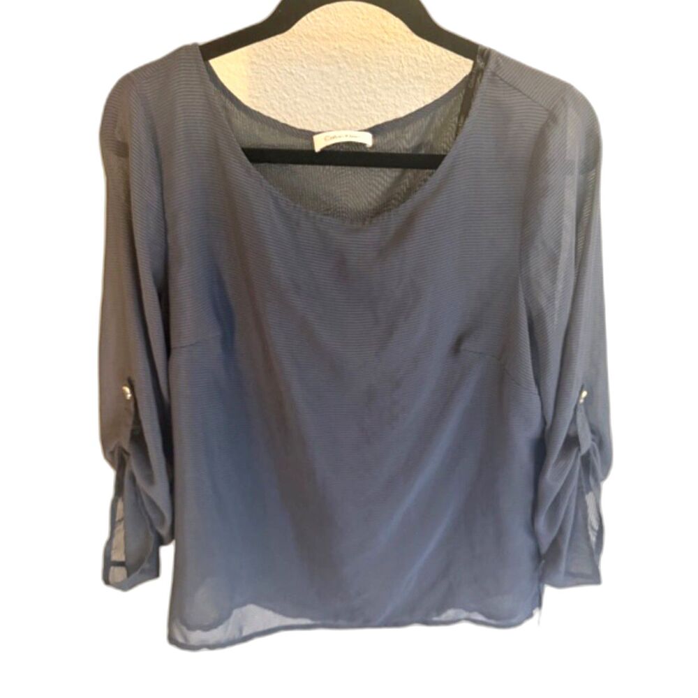 Calvin Klein Gray Sheer Blouse Roll Tab Sleeve Lightweight Career Top